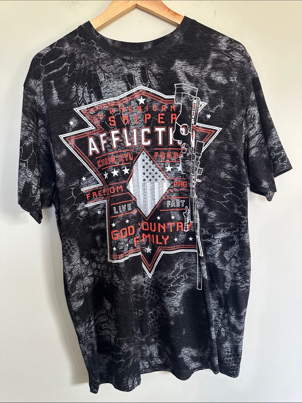 Affliction Black Graphic Tee with Red & White American Sniper Emblem